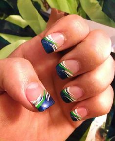 Seahawk Nails done by Happy Nails! Long Nail Art, Football Nails, Aqua Nails, Watermelon Nails, Happy Nails, Plaid Nails, Cute Nail Art