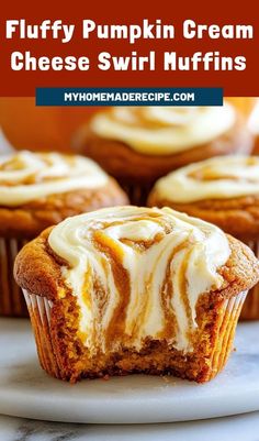 two pumpkin cream cheese swirl muffins on a plate with the title above it