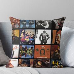 a throw pillow with many different movie covers on the front and back of it,