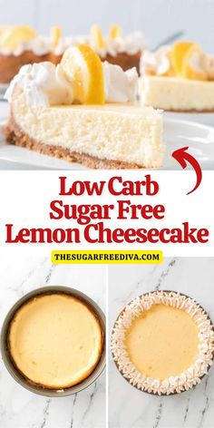 low carb sugar free lemon cheesecake in a pie pan and on a plate