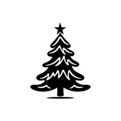 a black and white christmas tree with stars on it's top, against a white background