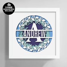 an art print with the word andrew on it, surrounded by blue leaves in a circle