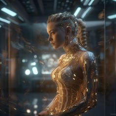 a futuristic woman in a gold dress looking at something