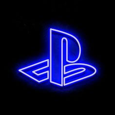 a neon blue playstation logo on a black background