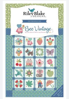 the bee vintage quilt pattern is shown in blue and green, with an elephant on it