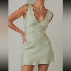 Peppermayo Audrey Vintage Slip Dress In Sage Green - Nwt Size: Us 12 Iridescent Sage Green Material: 80% Rayon, 20% Polyester * Triangle Style Bust With Gathered Detail * Fit And Flare Style With Tie In Back * V Front And Back * Fully Lined Never Worn With Tags, Condition Is Brand New! Sage Green Slip Dress Short, Sage Green Silk Dress Mini, Sage Green Mini Dress, Peppermayo Dress, Slip Dress Pattern, Wedding Brainstorming, Style With Tie, White Corset Dress, Green Satin Dress