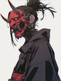 an anime character with long hair and horns on his head, wearing a red demon mask