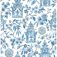 a blue and white wallpaper with flowers, birds and pagodas on the side