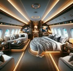 the interior of an airplane with couches, tables and lamps on each side of the room