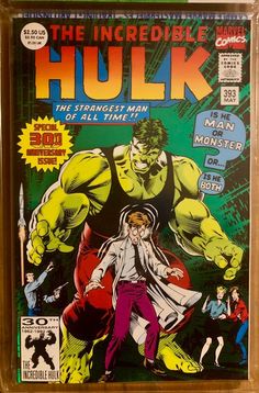 the incredible hulk comic book is on display