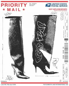 an advertisement for the priority mail with high heeled boots and writing on it,