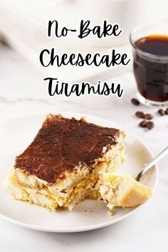 no - bake cheesecake tirami on a white plate with coffee in the background