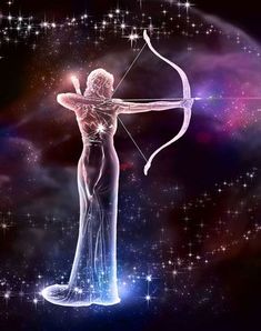 a woman with a bow and arrow in her hand is standing in the sky surrounded by stars