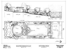 two plans for a garden design plan, one with a pool and the other with trees