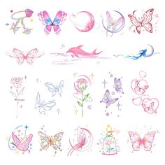 an assortment of tattoos with different designs and colors on them, including pinks, purples, and blue