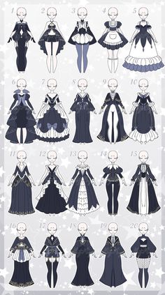 an anime character's dress up sheet with all the different outfits and hair styles