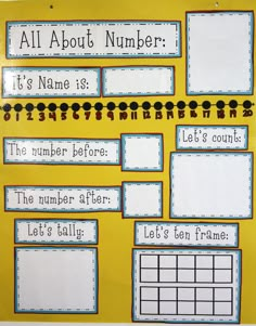 a bulletin board with words and pictures on it that say, all about number its name is the number before let's talk