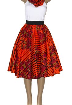 Red African clothing/  Circular Maxi Skirt with Headwrap/ Midi Skirts/ DW39 - Tess World Designs Red Lined Midi Skirt, Casual Red Gathered Skirt, Red Midi Lined Skirt, Red Midi Skirt With Lining, Red Knee-length Pleated Skirt, Red Pleated Knee-length Skirt, Red Midi Skirt With Pockets, Red Gathered Midi Skirt, Fitted Orange Midi Skirt