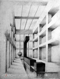 a drawing of an empty room with shelves