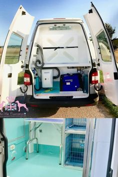 the back end of a white van with its doors open and water tanks in it