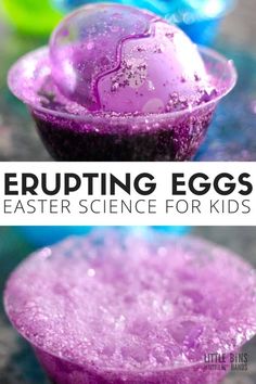 purple and blue cups with text overlay that says erupting eggs easter science for kids