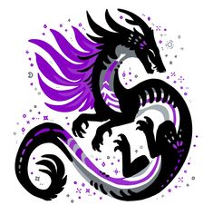 a black and purple dragon sitting on top of a white surface with stars around it