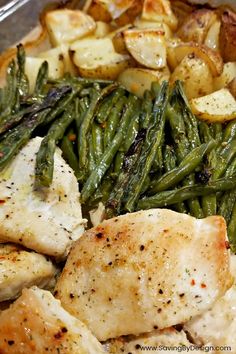 chicken, green beans and potatoes in a pan