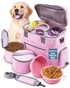 a dog is sitting next to its food and travel bag with it's contents