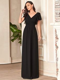 Color=Black | Ruffles Sleeves Evening Dress-Black  1 Wedding Usher, Ruffle Evening Dress, Long Dress With Short Sleeves, Long Chiffon Evening Dress, Recital Dress, Ruffles Sleeves, Black Bridesmaid, Dress With Ruffle Sleeves, Chiffon Evening Dresses