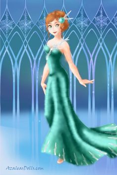 an animated image of a woman in a green dress with snowflakes on her head