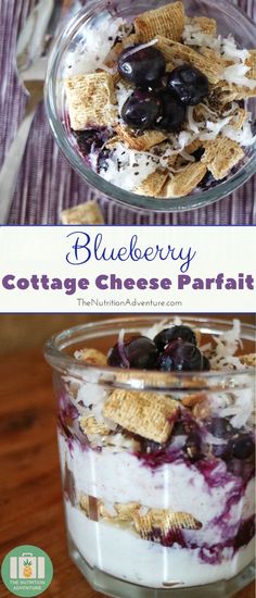 blueberry cottage cheese parfait is in a glass dish and on the table