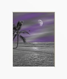 a black and white photo of a palm tree on the beach under a purple sky