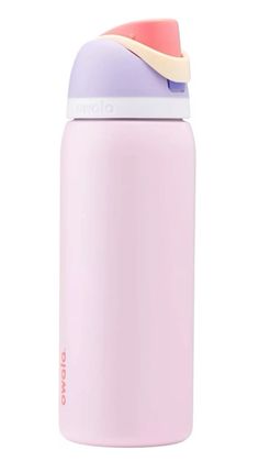 thermos bottle is pink and purple with a white cap on it's side