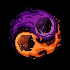 an orange and purple object with flames around it on a black background in the dark