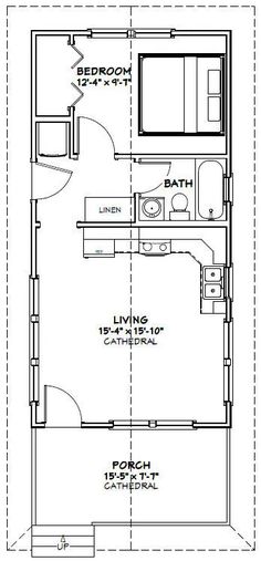 the floor plan for a small house with two bathrooms and one bedroom, which has an attached