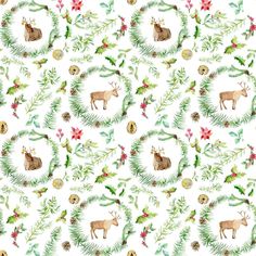 a watercolor christmas pattern with deer, pine cones and holly wreaths on a white background