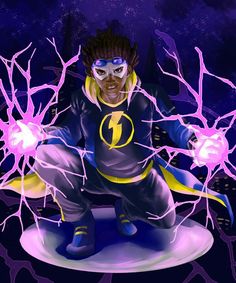 a cartoon character sitting on top of a purple object with lightning coming out of it