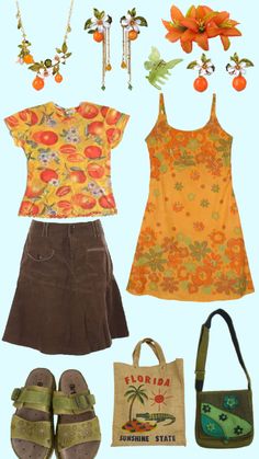 Mango Inspired Outfit, Ruecore Outfit, Summer Outfits Aesthetic Colorful, Fun And Colorful Outfit, Flowers Aesthetic Outfits, Fruit Aesthetic Outfit, Colorful 90s Fashion, Funky Outfits Summer, Fruitcore Outfits