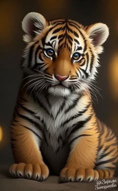 a small tiger cub sitting on top of a wooden table next to a black background