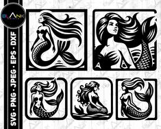 the silhouettes of mermaids are shown in black and white, as well as an image