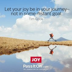 a person jumping in the air over water with a sky and clouds behind them that says, let your joy be in your journey not in some distant goal