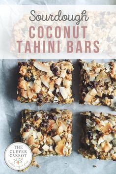 four bars with coconut and raisins on top, sitting in front of the words sourdough coconut tahini bars