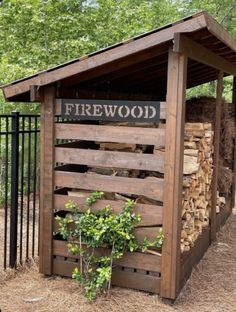 a firewood shed with logs stacked in it and a sign on the side that says,