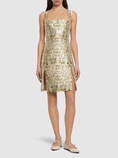 Fixed shoulder straps. Back zip closure. Front slits at hem. All over pattern placement may vary. Model is wearing a size40 Jacquard Mini Dress, All Over Pattern, Giambattista Valli, Flat Espadrilles, Shearling Jacket, Gold Dress, Swimwear Tops, Shoulder Straps, Party Outfit