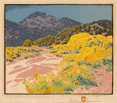 a painting of yellow flowers and mountains in the background