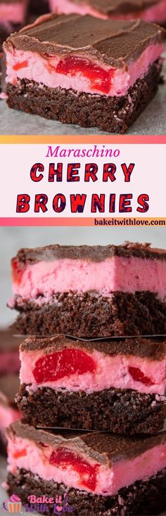 there are three pieces of cake on top of each other with the words cherry brownies