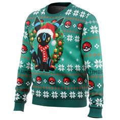 a green christmas sweater with an image of a black cat wearing a santa claus hat