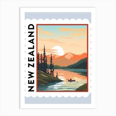 a stamp with the words new zealand on it and a boat in the water at sunset