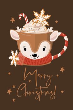 a christmas card with a reindeer in a mug filled with hot chocolate and marshmallows