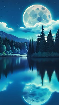 the full moon is reflected in the water near some pine trees and mountain range at night